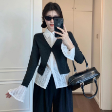 批发（<b class='q'>特价</b>，260克人棉1*1）显瘦假两件长袖衬衫女喇叭袖气质上衣