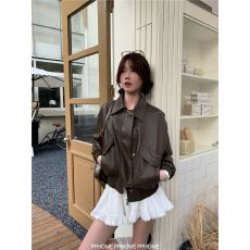 批发复古美式咖色皮衣夹克外套女早秋黑色甜酷风机车PU皮宽松长袖上衣