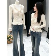 批发260克德绒坑条  纯欲蕾丝v领长袖<b class='q'>t</b><b class='q'>恤</b>女秋冬季修身内搭打底衫上衣