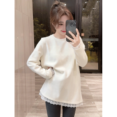 批发纯棉拉架/德绒 蕾丝拼接长袖t恤<b class='q'>女</b>春秋磨毛白色打底衫中长款上衣