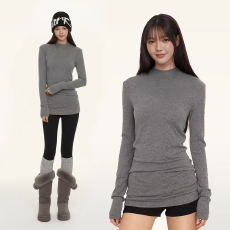 批发270克罗纹德绒 立领长袖T恤<b class='q'>女</b>秋冬中长款内搭打底衫显瘦收腰上衣