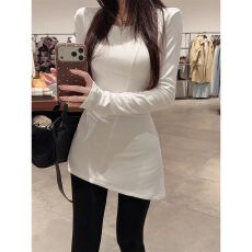 批发纯棉罗纹/罗纹德绒 不规则打底衫磨毛内搭中长款长袖t恤修身上衣