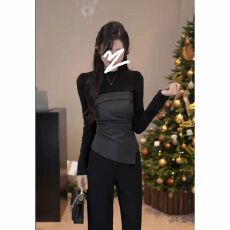 批发【210克纯棉罗纹】漂亮设计小众高级感撞色修身拼接长袖打底衫T恤