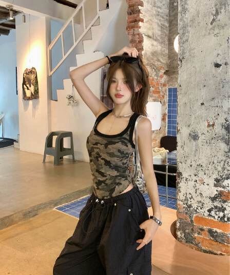 모달 사람들 면 260 그램 아메리칸 핫걸 카모플라주 패치워크 색상 조끼 슬립 여성 여름