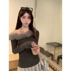 批发（人棉抓绒）打底衫女秋季<b class='q'>新款</b>长袖t恤针织斜肩独特绝美小上衣