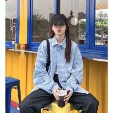 批发夏日<b class='q'>新款</b>格子垂感外套百搭潮宽松少年衬衫显瘦有防晒蓝