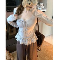 批发【羊毛绒】纯欲风蕾丝拼接长袖T恤女秋季甜美V领荷叶边系带上衣