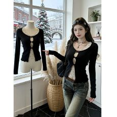 批发【人棉】假两件蕾丝拼接镂空<b class='q'>长袖</b>t恤女内搭<b class='q'>打底衫</b>修身显瘦上衣