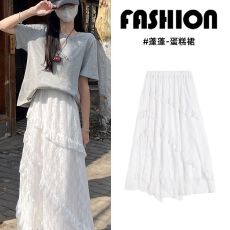 批发原版做法 复古拼接斜纹白色蕾丝半身裙女夏松紧腰显瘦<b class='q'>网纱</b>a字裙