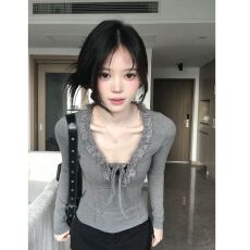 批发【人棉抓毛】蕾丝花边系带长袖t恤女秋冬打底衫修身显瘦收腰上衣