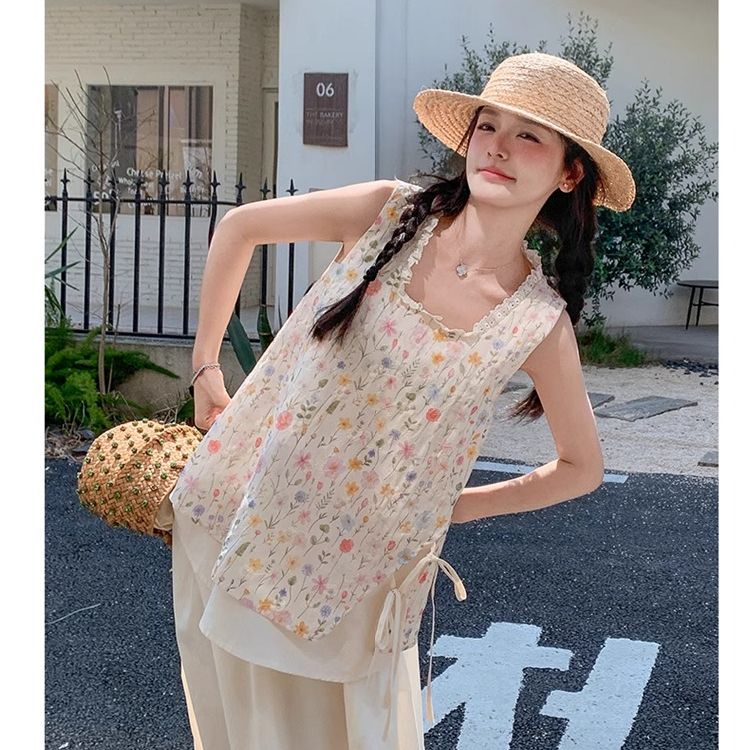 원본 원단 것 작은 청신 꽃무늬 레이스 민소매 맨위 여성 여름 새로운 한 부서 부드러운 바람 달콤함