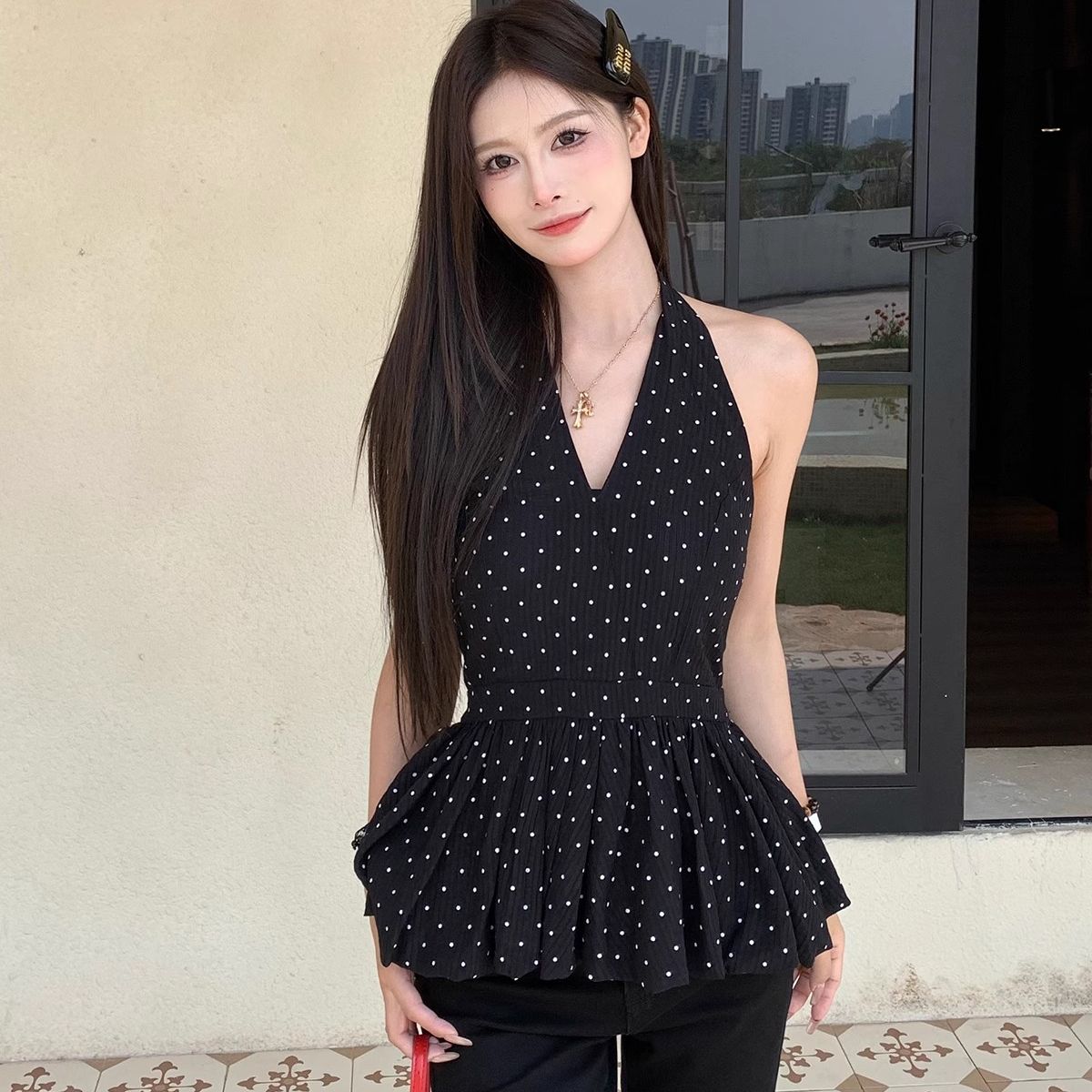 검정색 도트 무늬 행침 목 민소매 캐미솔 여름 달콤한 매운맛 chic 한 부서 고급 센스 퍼프 꽃밭 맨위