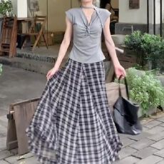 批发雪纺 美式复古黑色格子半身裙女2026夏新款休闲不规则设计A字裙