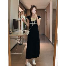 批发芭蕾风蕾丝<b class='q'>拼接</b>系带<b class='q'>连衣裙</b>夏季甜美少女百搭修身显瘦弹力a字长裙