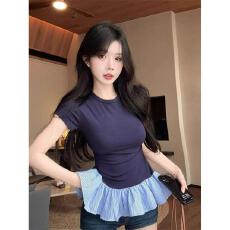 批发纯棉 正肩圆领拼接花边下摆短袖T恤<b class='q'>女</b>夏季新款独特绝美修身上衣