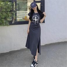 批发美式印花休闲风t恤连衣裙<b class='q'>女</b>装夏季收腰修身显瘦开叉中长裙<b class='q'>小个</b>子