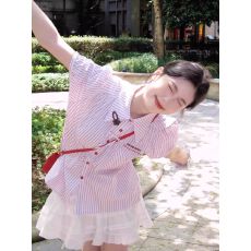 批发学院风条纹蝴蝶结泡泡袖衬衫<b class='q'>女</b>夏2026新款甜美设计感显瘦短袖上衣