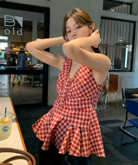 한 부서 주름 체크무늬 여성 셔츠 여름 드레스 프릴 작은 키 민소매 작은 셔츠 인형 셔츠 체크무늬 V넥 맨위