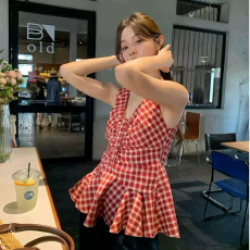 批发韩系褶皱格子衬衫<b class='q'>女</b>夏装荷叶边小个子无袖小衫娃娃衫格纹v领上衣