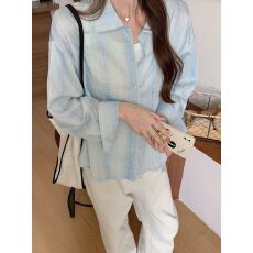 批发实拍盐系设计感<b class='q'>镂空</b>衬<b class='q'>衫</b>女秋季小众撞色条纹长袖衬衣外套