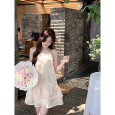 批发法式气质高端精致无袖挂脖连衣裙别致绝美仙女裙小个子生日小礼裙