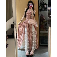 批发法式2026格子复古抹胸<b class='q'>连衣裙</b>夏季气质新款收腰拼接裙子显瘦长裙