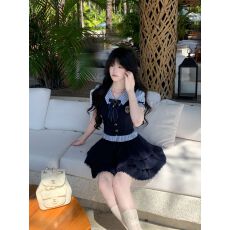 批发复古条纹假两件短袖衬衫上衣搭荷叶边显瘦蓬蓬蛋糕裙学院风套装