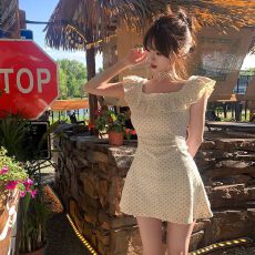 批发260克人棉螺纹面料+拓印一小飞袖娃娃领波点连衣裙梨形身材法式裙