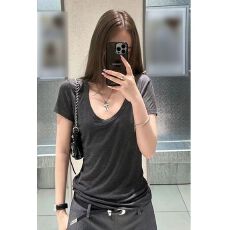 批发官图260克人棉正肩收腰U领T恤女短袖夏季上衣纯色显瘦慵懒风