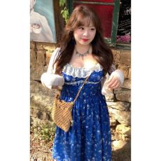 批发高级感克莱因蓝碎花蕾丝吊带<b class='q'>长裙</b>大码胖mm法式度假风氛围感连衣裙