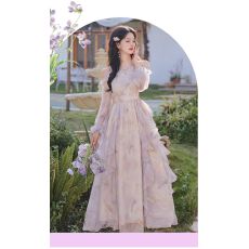 批发法式气质露肩不规则<b class='q'>荷叶边</b><b class='q'>连衣裙</b>女春海边独特漂亮收腰超仙长裙