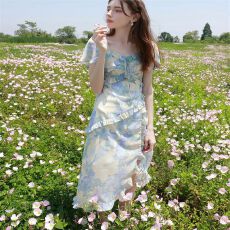 批发仙女裙2026秋季新款<b class='q'>荷叶边</b>雪纺裙碎花<b class='q'>连衣裙</b>简约时尚文艺长裙