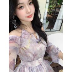 批发Blovelan蝶栖流霞 气质露肩不规则<b class='q'>荷叶边</b>蝴蝶印花长袖<b class='q'>连衣裙</b>春季