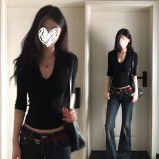 批发官图 260克2x2人棉 V领<b class='q'>中袖</b>T恤女短袖夏季正肩短款辣妹上衣