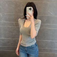 批发官图 260克人棉 U领<b class='q'>中袖</b>正肩短袖T恤女夏季短款修身显瘦上衣