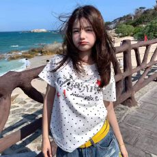 批发【40支酷丝棉螺纹210克】美式潮流波点字母短袖<b class='q'>女款</b>2026夏