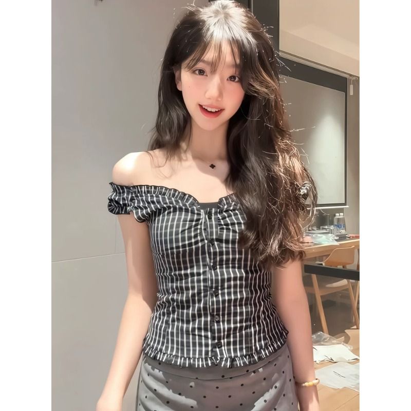 아름다운 오프숄더 체크무늬 여성 셔츠 여름 새로운 둘 착용 오프숄더 셔츠 섹시함 맨위