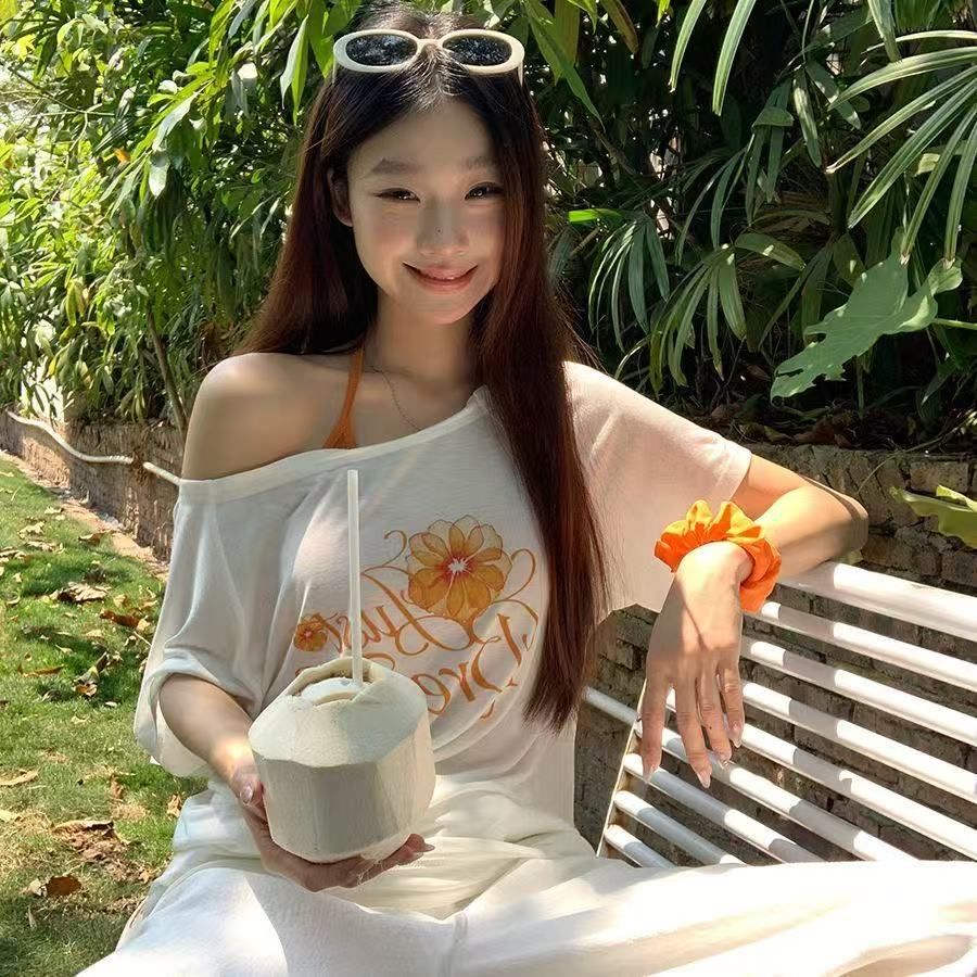 경관 그림 40 순면 220 그램 92 면 8 암모니아 Lun 비스듬한 칼라 오프숄더 오프숄더 반팔 티셔츠 여성