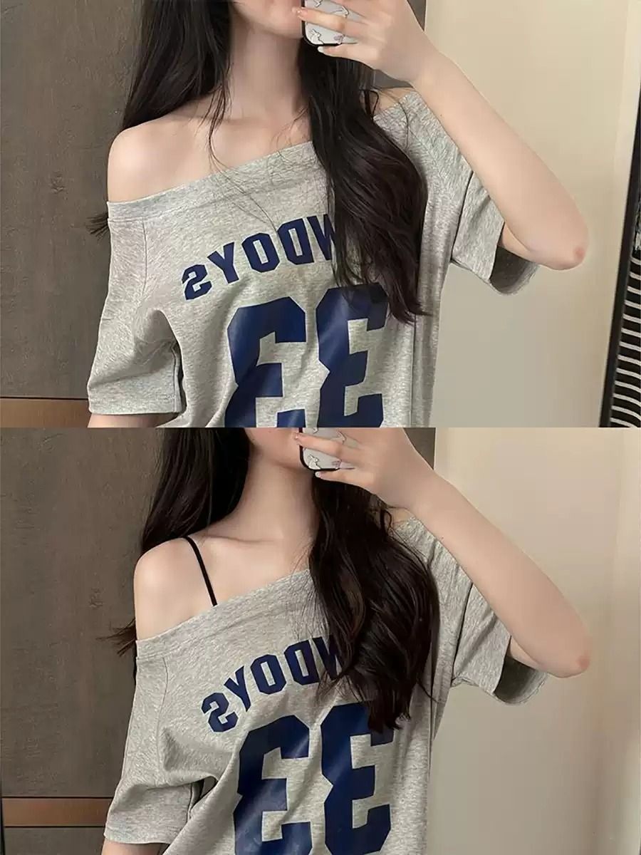 경관 그림 40 순면 220 그램 92 면 8 암모니아 Lun 비스듬한 칼라 오프숄더 오프숄더 반팔 티셔츠 여성