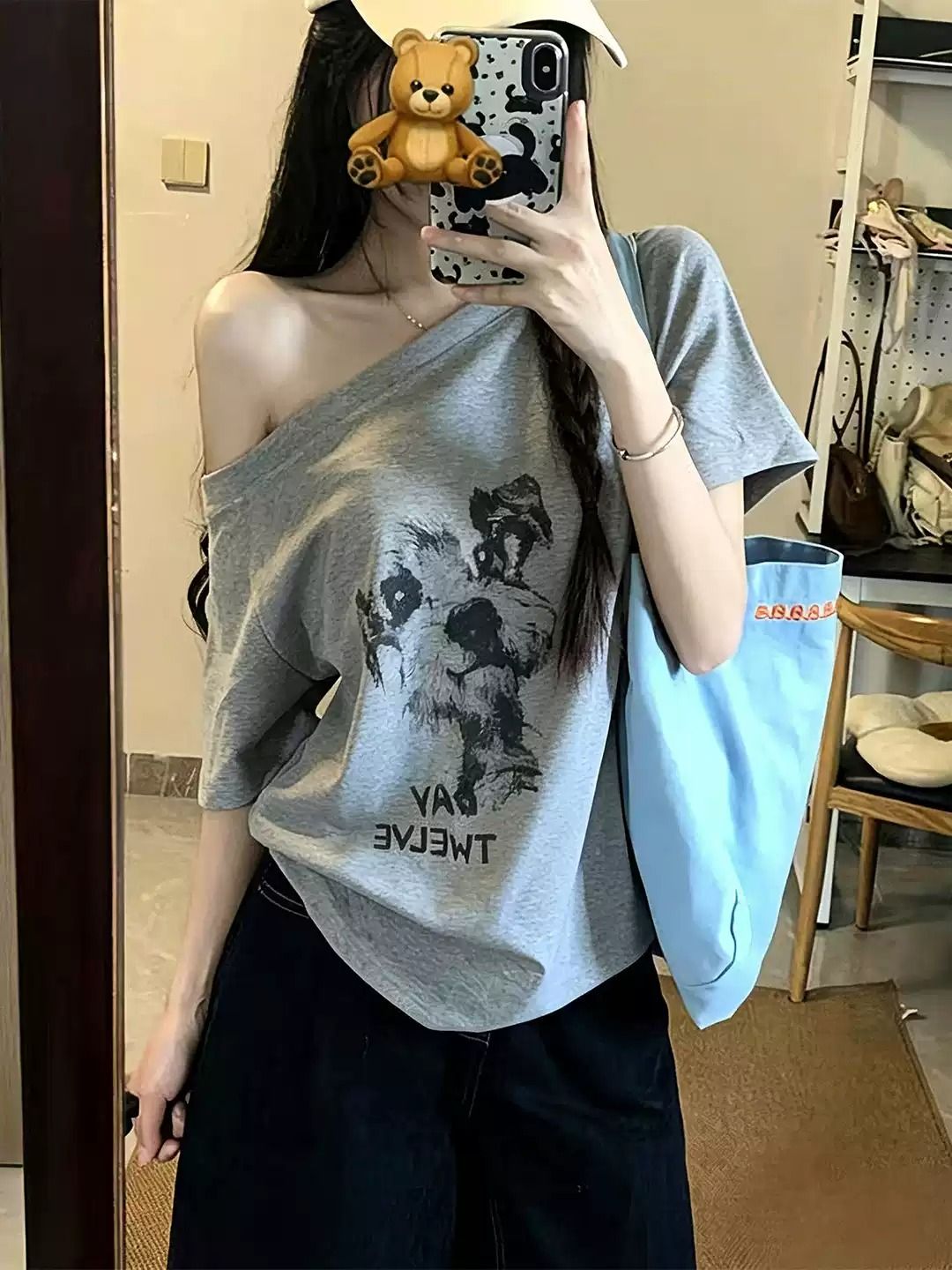 경관 그림 40 순면 220 그램 92 면 8 암모니아 Lun 비스듬한 칼라 오프숄더 오프숄더 반팔 티셔츠 여성