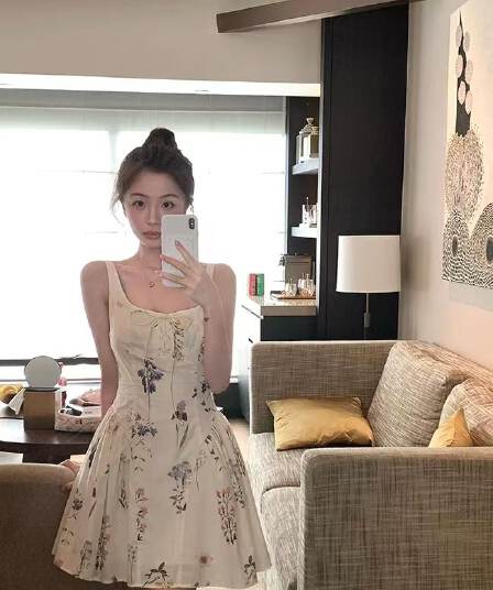 이중층 세트 인사이드 순면 워터 마크 치마 아이들 여름 슬림해 보이는 허리 수축 레이스업 꽃무늬 드레스 공주 센스 슬립 드레스