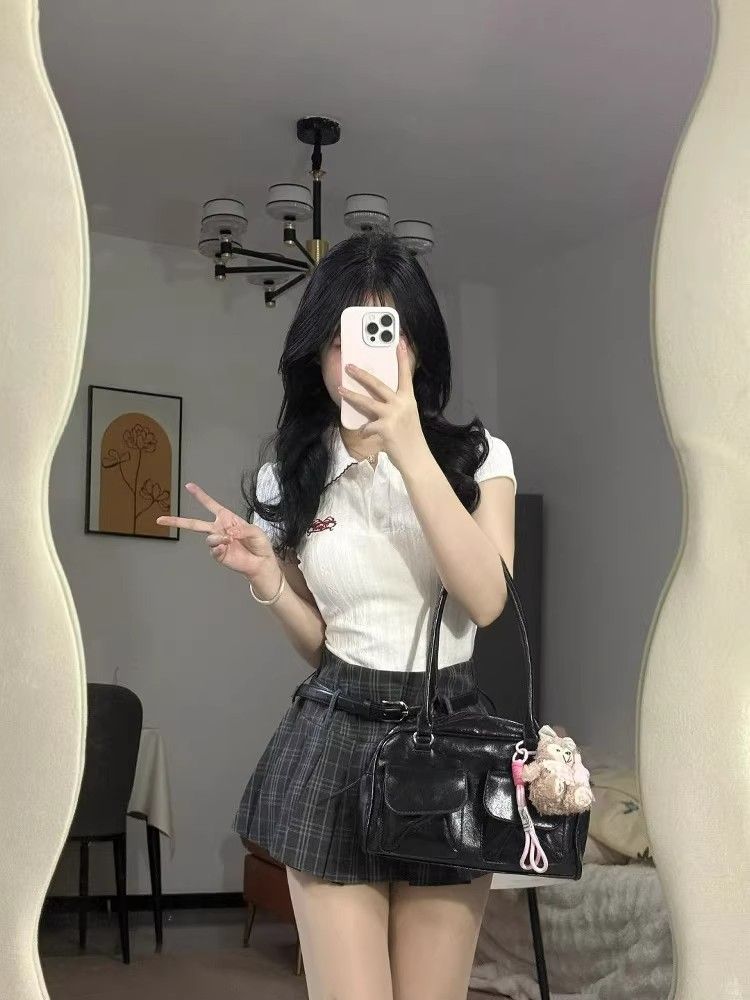 학원 스타일 레트로 체크무늬 로우 웨이스트 플리츠 미니 스커트 반신 스커트 여성 봄 여름 새로운 한 마디 치마