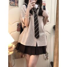 批发jk制服套装夏季条纹短袖衬衫女设计感小众休闲日系学院风衬衣