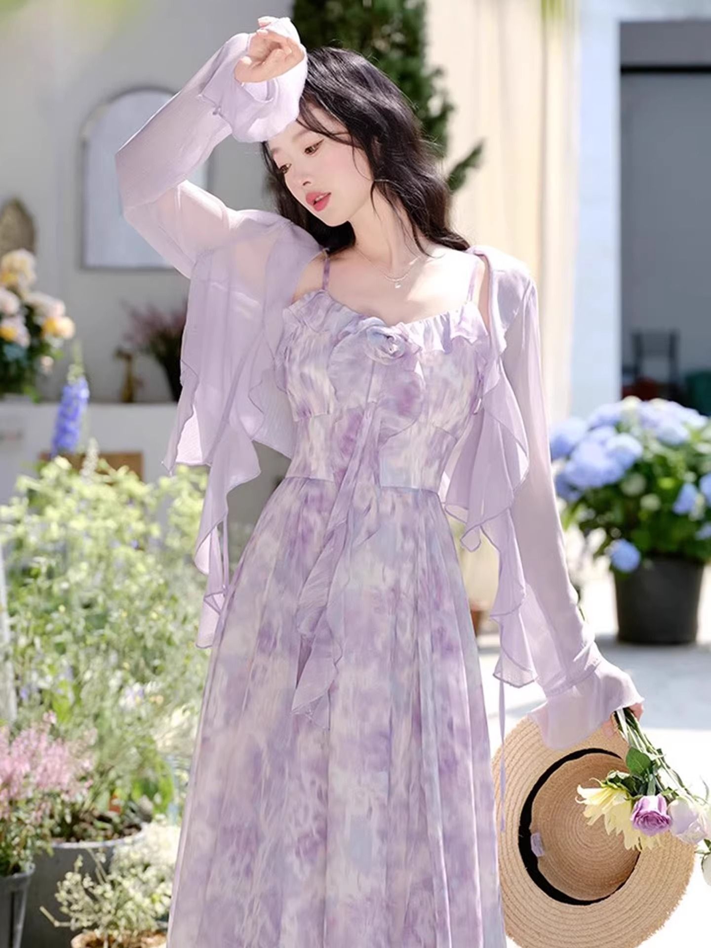 슬립 여성 드레스 여름 품격 고급 센스 보라색 고유 한 아름다운 슬립 드레스 경기 자외선 차단 오픈 가디건 투피스 슈트