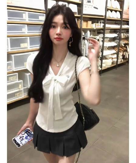 학원 스타일 품격 핫걸 레이스업 리본 반팔 티셔츠 여성 의류 여름 새로운 몸매 가꾸기 다용도 V넥 맨위