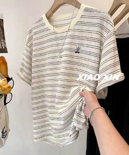 원본 원단 빅 사이즈 240 kg 한 부서 자수 토끼 라미 면 스트라이프 반팔 티셔츠 여성