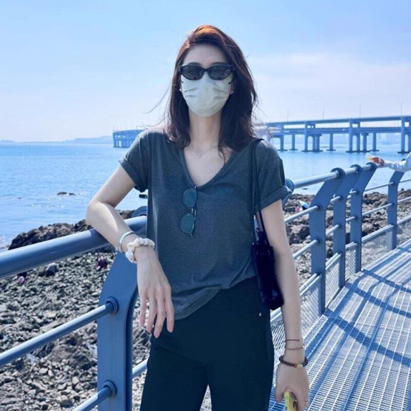 260 그램 사람들 면 92 접착제 8 암모니아 Lun 한 부서 레트로 회색 u 칼라 반팔 티셔츠 여성 여름 슬림해 보이는 긍정적 인 어깨 의류