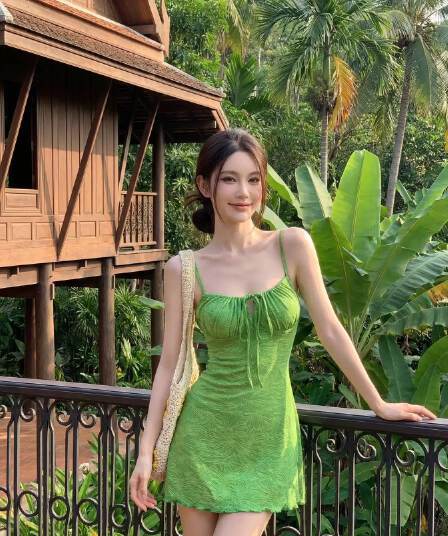 원본 원단 어깨끈 수 있습니다. 조정 레트로 휴가 슬립 여성 드레스 여름 녹색 한 마디 미니 스커트