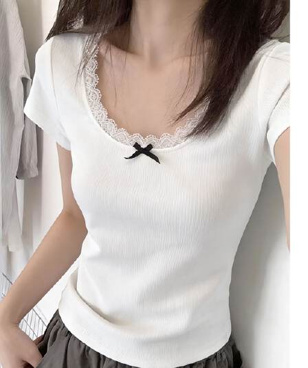 순면 리브 작은 키 쇼트 스타일 반팔 티셔츠 여성 여름 몸매 가꾸기 한국 스타일 레이스 나비 매듭 u 칼라 맨위 트렌디