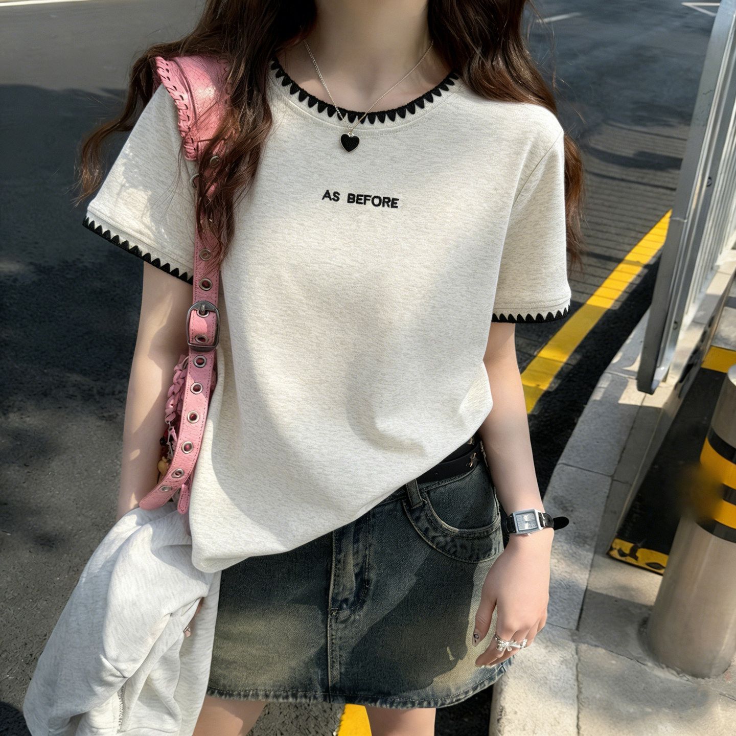 순면 리브 여름 알파벳 자수 반팔 티셔츠 여성 루즈핏 슬림해 보이는 한국 스타일 기본 셔츠 인사이드 가져 가라. 반소매 맨위